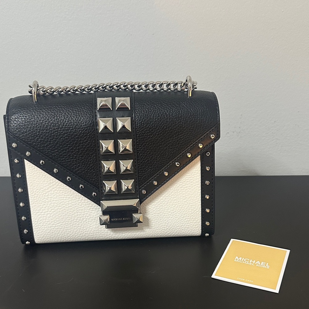 Michael Kors Whitney NWT Black and White Crossbody Bag w Silver Studs Hardware - Picture 8 of 12